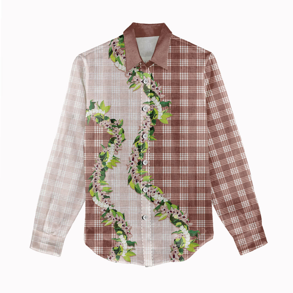 Mocha Hawaii Palaka Women Casual Shirt Maile Pikake Honohono Orchid Lei