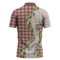 Mocha Hawaii Palaka Zipper Polo Shirt Maile Pikake Honohono Orchid Lei