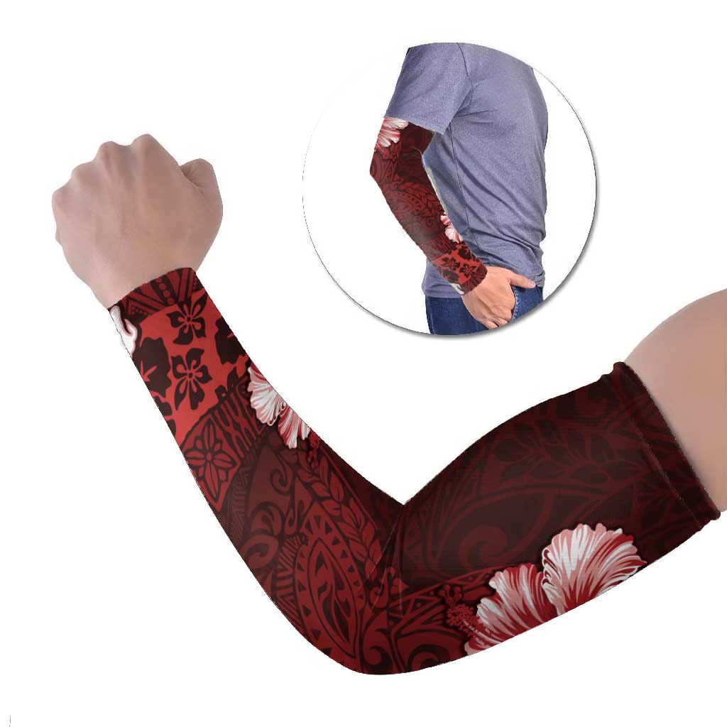 Hawaii Hibiscus With Oxblood Polynesian Pattern Arm Sleeves - Polynesian Pride