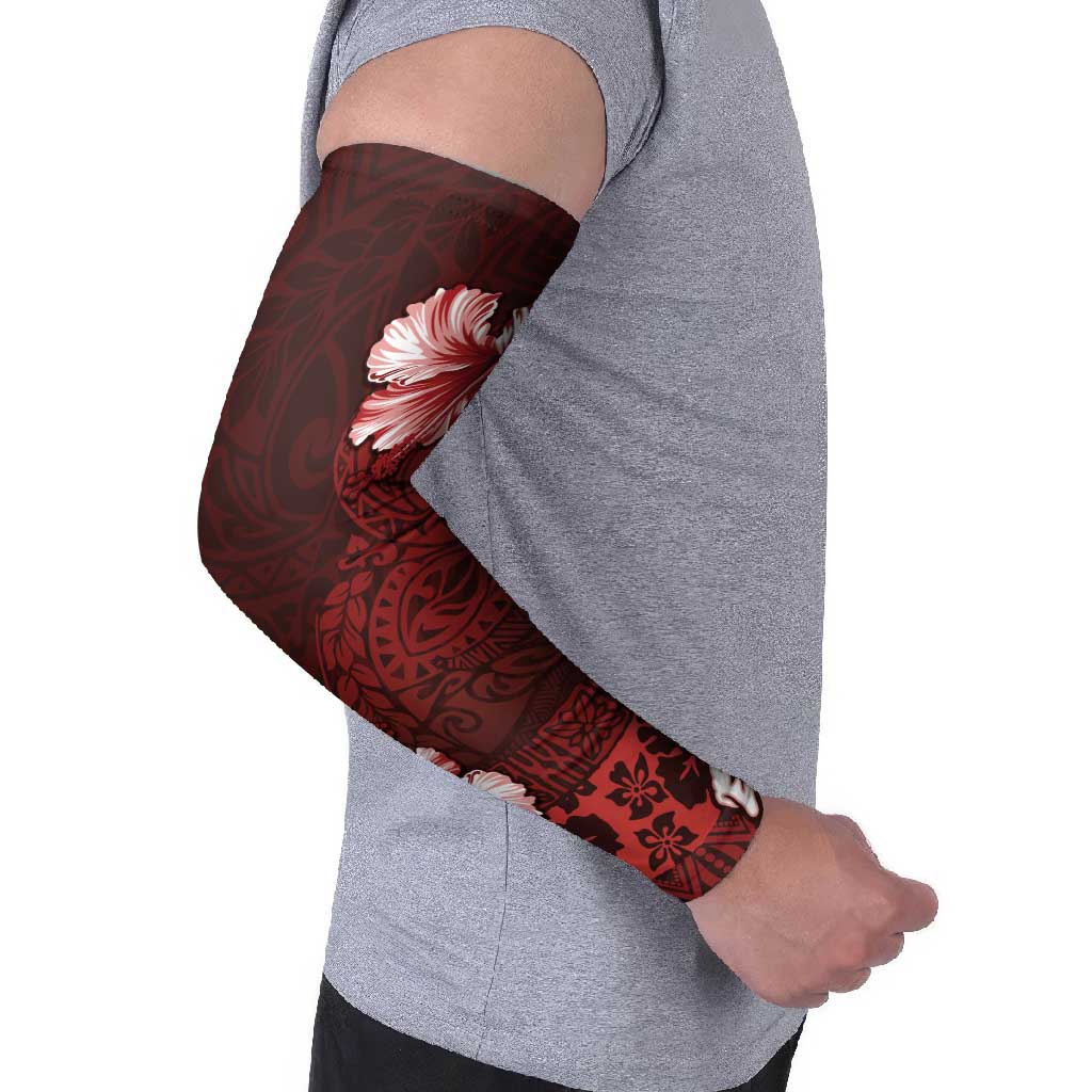 Hawaii Hibiscus With Oxblood Polynesian Pattern Arm Sleeves - Polynesian Pride