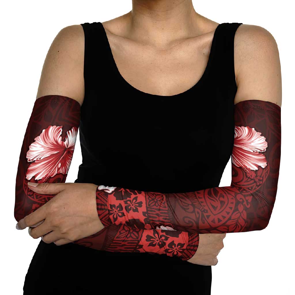 Hawaii Hibiscus With Oxblood Polynesian Pattern Arm Sleeves - Polynesian Pride
