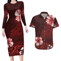 Hawaii Hibiscus With Oxblood Polynesian Pattern Couples Matching Long Sleeve Bodycon Dress and Hawaiian Shirt