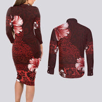 Hawaii Hibiscus With Oxblood Polynesian Pattern Couples Matching Long Sleeve Bodycon Dress and Long Sleeve Button Shirt