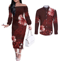 Hawaii Hibiscus With Oxblood Polynesian Pattern Couples Matching Off The Shoulder Long Sleeve Dress and Long Sleeve Button Shirt