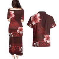 Hawaii Hibiscus With Oxblood Polynesian Pattern Couples Matching Puletasi and Hawaiian Shirt