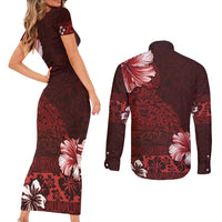 Hawaii Hibiscus With Oxblood Polynesian Pattern Couples Matching Short Sleeve Bodycon Dress and Long Sleeve Button Shirt