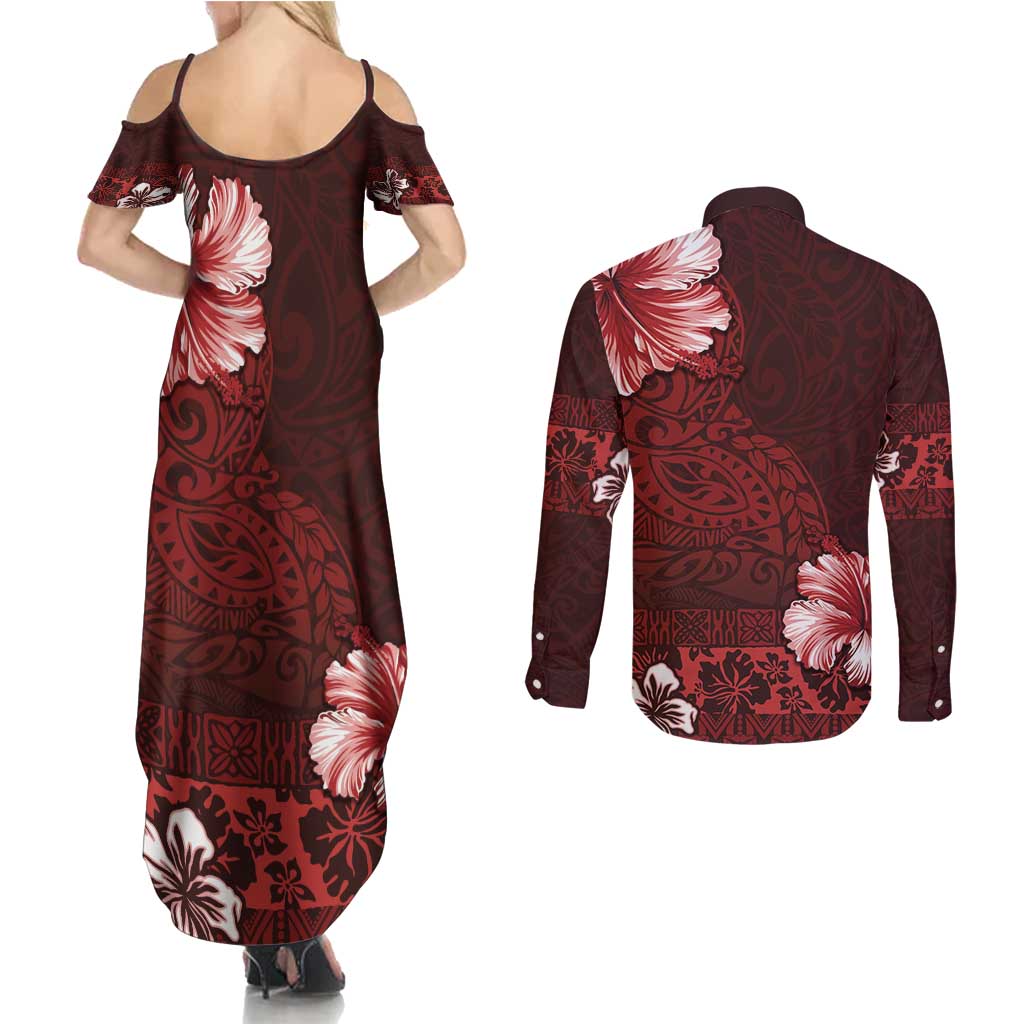 Hawaii Hibiscus With Oxblood Polynesian Pattern Couples Matching Summer Maxi Dress and Long Sleeve Button Shirt