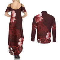 Hawaii Hibiscus With Oxblood Polynesian Pattern Couples Matching Summer Maxi Dress and Long Sleeve Button Shirt