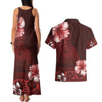 Hawaii Hibiscus With Oxblood Polynesian Pattern Couples Matching Tank Maxi Dress and Hawaiian Shirt