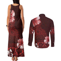 Hawaii Hibiscus With Oxblood Polynesian Pattern Couples Matching Tank Maxi Dress and Long Sleeve Button Shirt