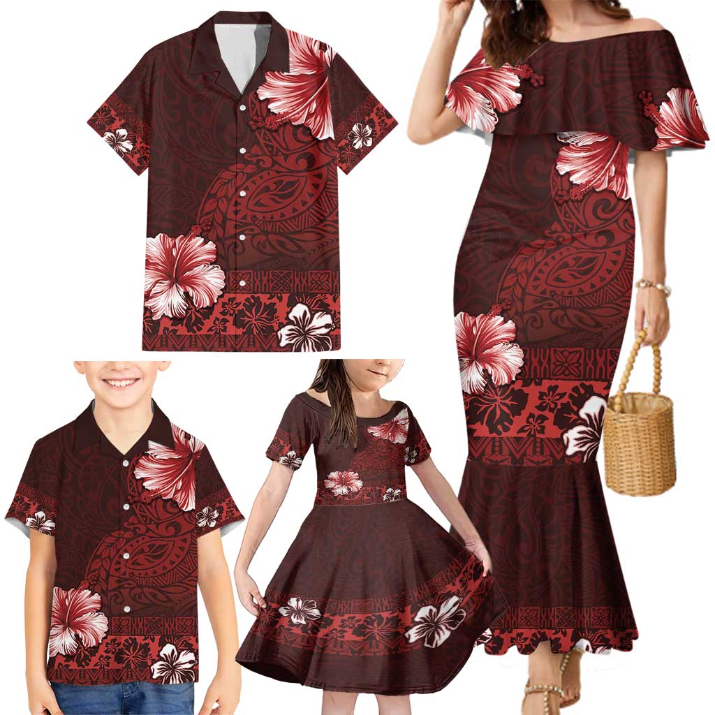 Hawaii Hibiscus With Oxblood Polynesian Pattern Family Matching Mermaid Dress and Hawaiian Shirt