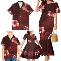 Hawaii Hibiscus With Oxblood Polynesian Pattern Family Matching Mermaid Dress and Hawaiian Shirt