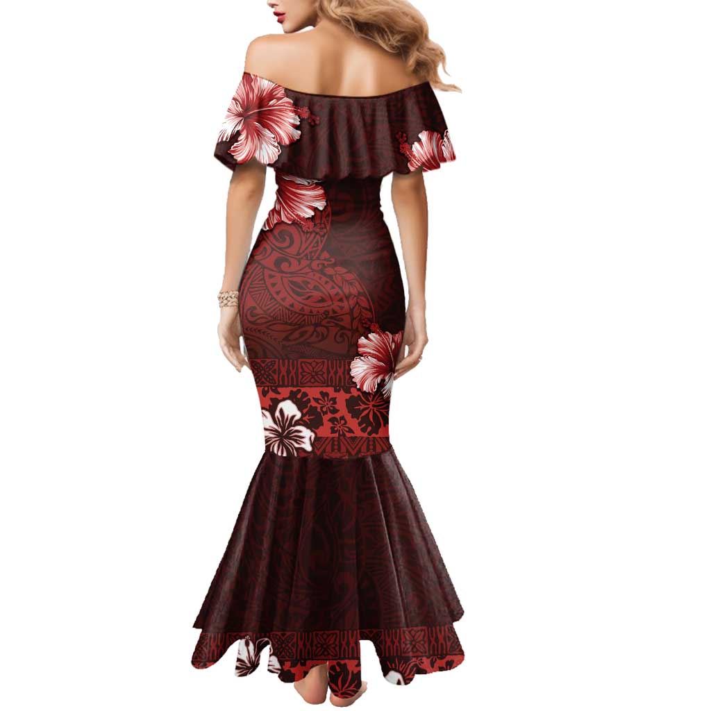 Hawaii Hibiscus With Oxblood Polynesian Pattern Family Matching Mermaid Dress and Hawaiian Shirt