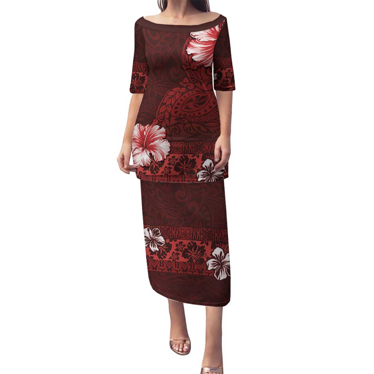 Hawaii Hibiscus With Oxblood Polynesian Pattern Family Matching Puletasi and Hawaiian Shirt