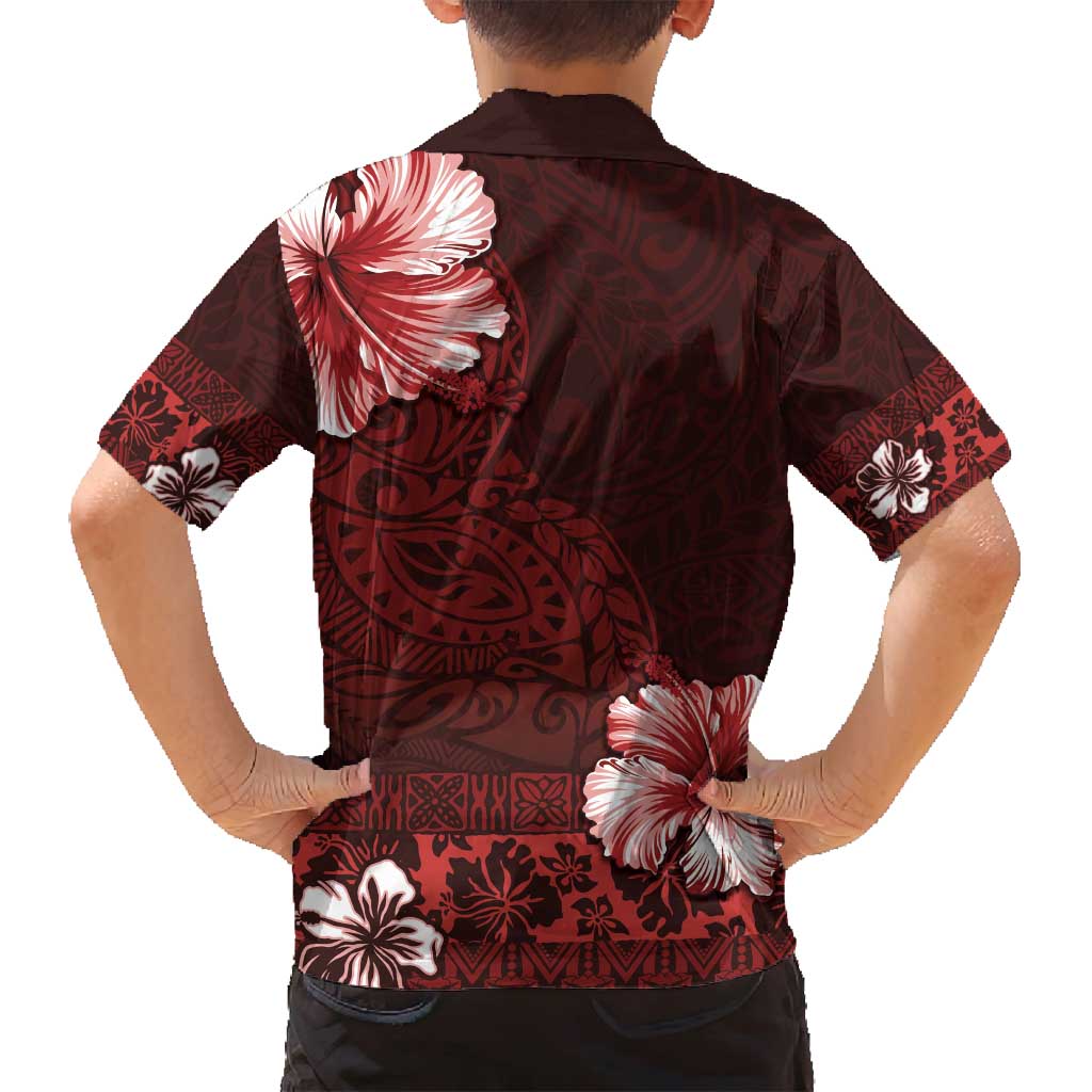 Hawaii Hibiscus With Oxblood Polynesian Pattern Family Matching Tank Maxi Dress and Hawaiian Shirt
