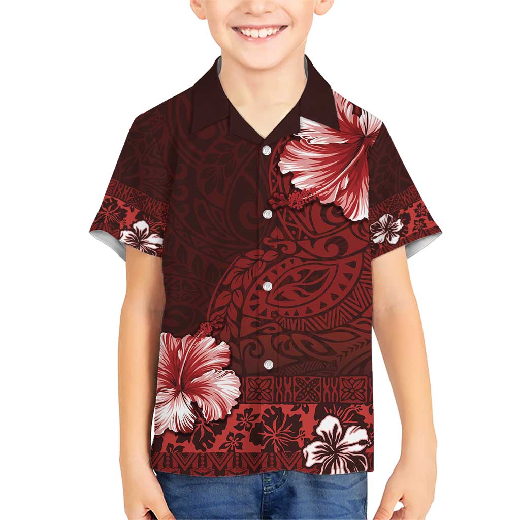 Hawaii Hibiscus With Oxblood Polynesian Pattern Kid Hawaiian Shirt