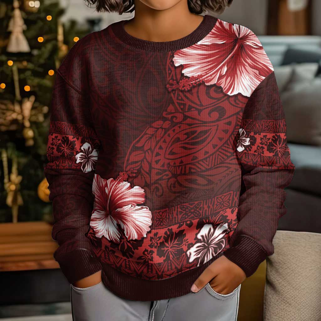 Hawaii Hibiscus With Oxblood Polynesian Pattern Kid Ugly Christmas Sweater