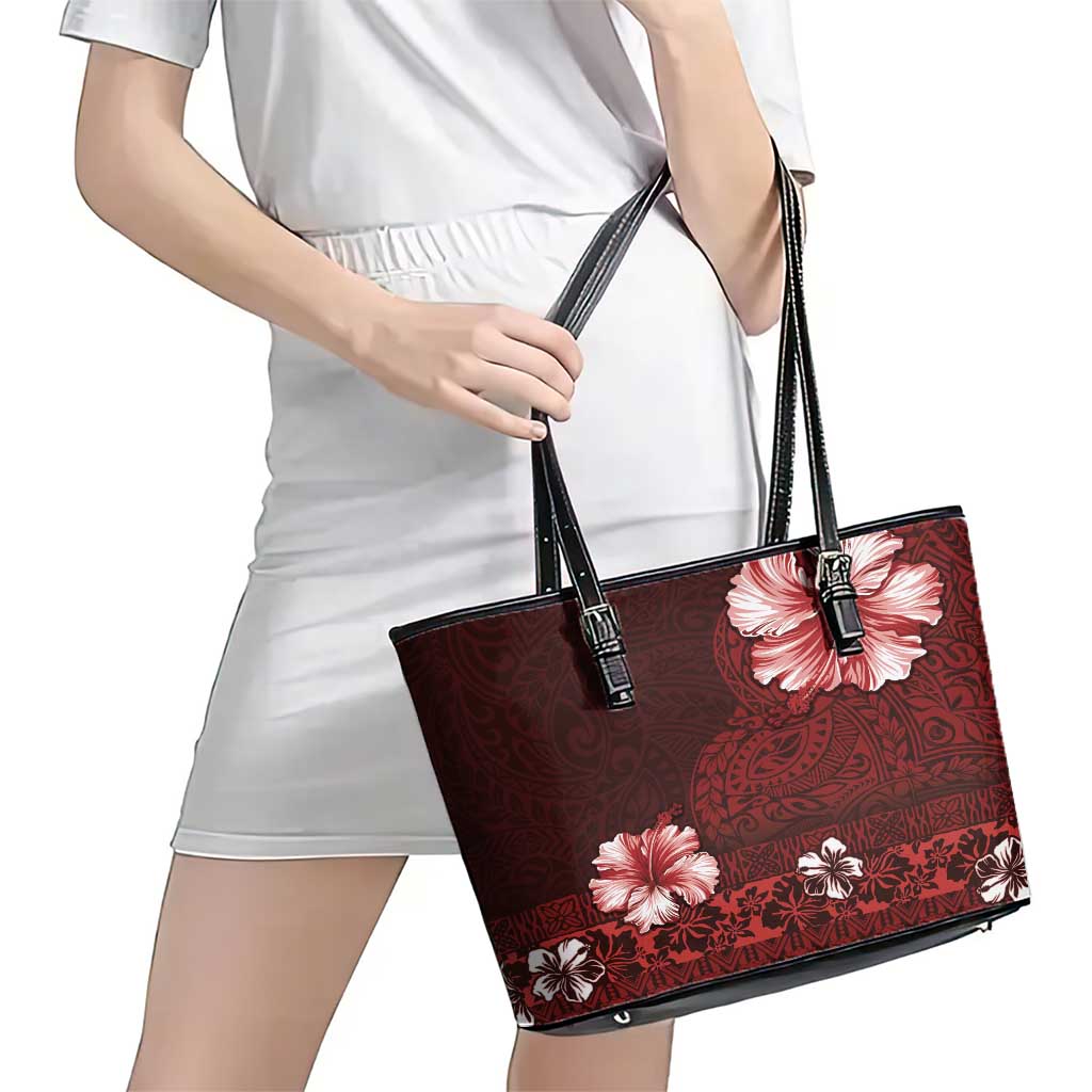 Hawaii Hibiscus With Oxblood Polynesian Pattern Leather Tote Bag