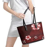 Hawaii Hibiscus With Oxblood Polynesian Pattern Leather Tote Bag