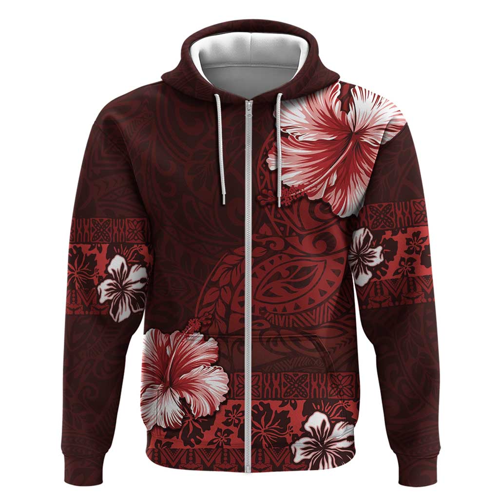 Hawaii Hibiscus With Oxblood Polynesian Pattern Zip Hoodie
