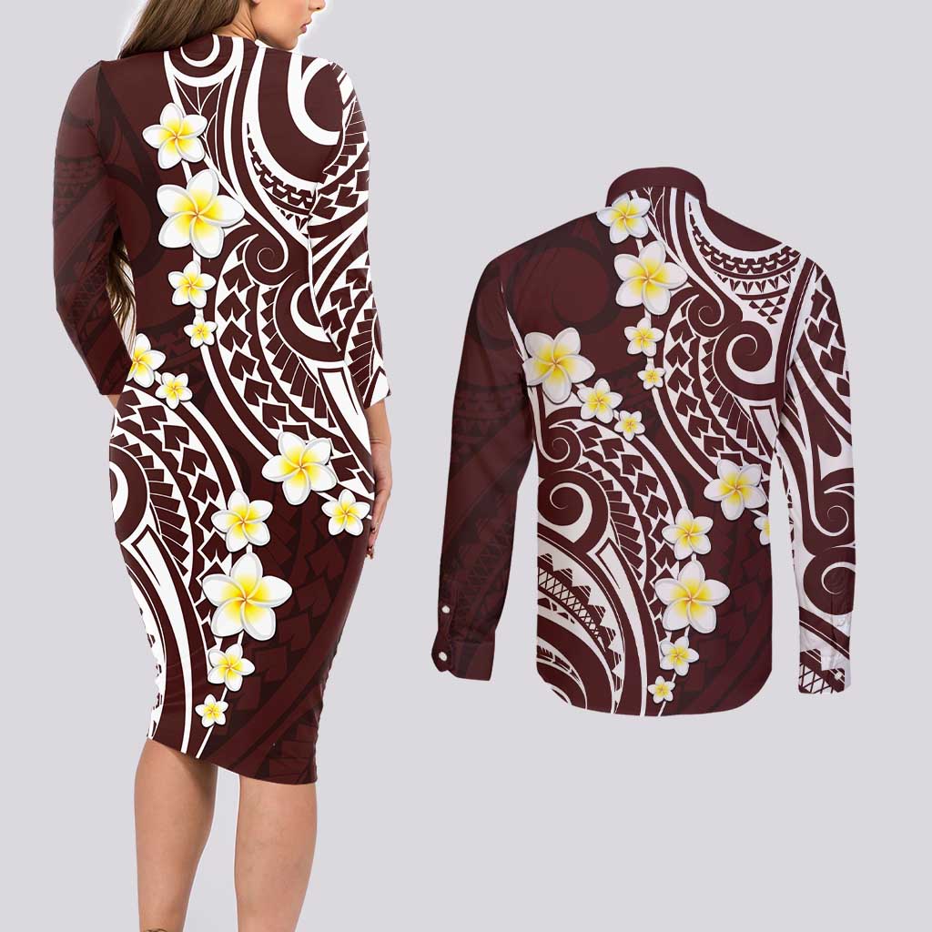 Plumeria With Oxblood Polynesian Tattoo Pattern Couples Matching Long Sleeve Bodycon Dress and Long Sleeve Button Shirt
