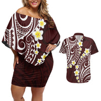 Plumeria With Oxblood Polynesian Tattoo Pattern Couples Matching Off Shoulder Short Dress and Hawaiian Shirt