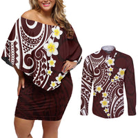 Plumeria With Oxblood Polynesian Tattoo Pattern Couples Matching Off Shoulder Short Dress and Long Sleeve Button Shirt