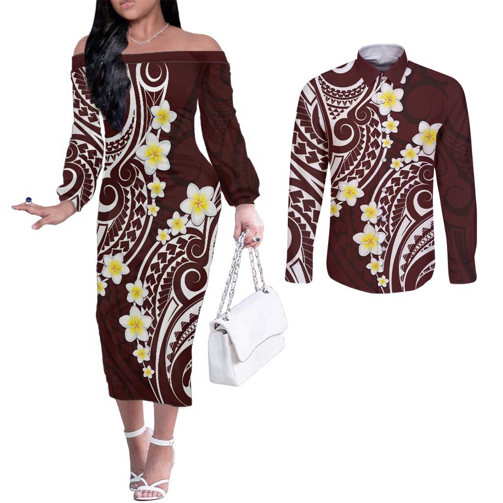 Plumeria With Oxblood Polynesian Tattoo Pattern Couples Matching Off The Shoulder Long Sleeve Dress and Long Sleeve Button Shirt