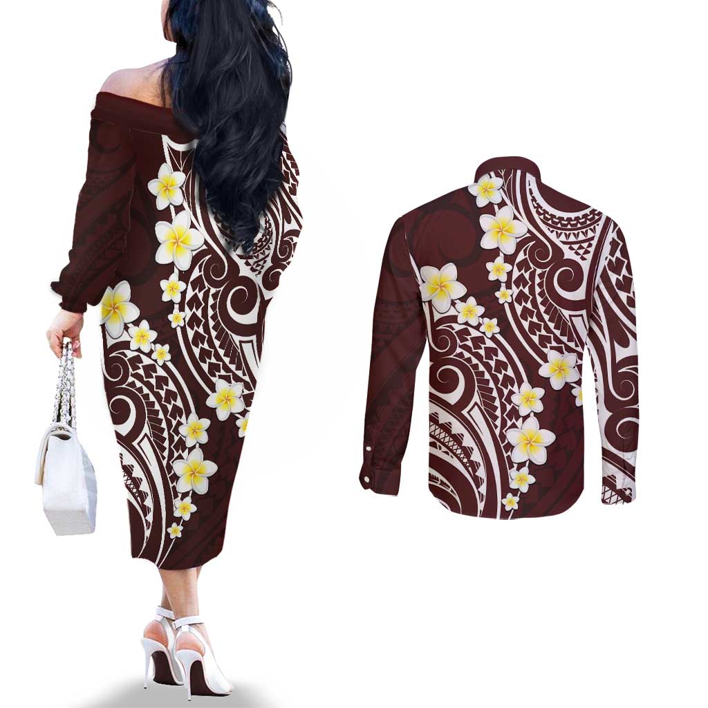 Plumeria With Oxblood Polynesian Tattoo Pattern Couples Matching Off The Shoulder Long Sleeve Dress and Long Sleeve Button Shirt