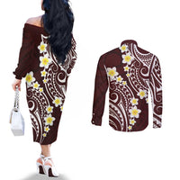 Plumeria With Oxblood Polynesian Tattoo Pattern Couples Matching Off The Shoulder Long Sleeve Dress and Long Sleeve Button Shirt