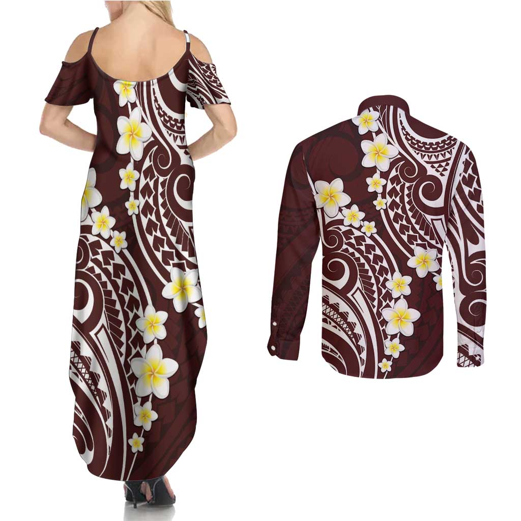 Plumeria With Oxblood Polynesian Tattoo Pattern Couples Matching Summer Maxi Dress and Long Sleeve Button Shirt