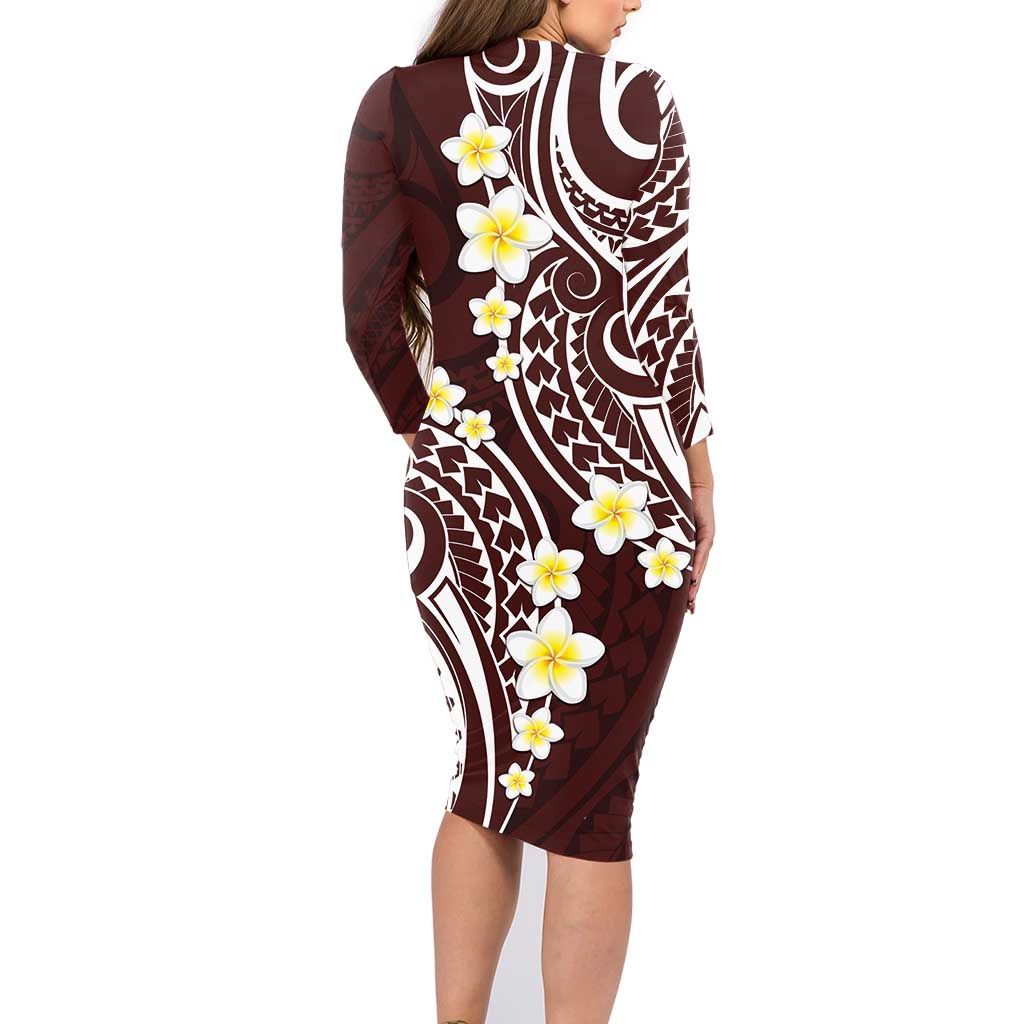 Plumeria With Oxblood Polynesian Tattoo Pattern Family Matching Long Sleeve Bodycon Dress and Hawaiian Shirt