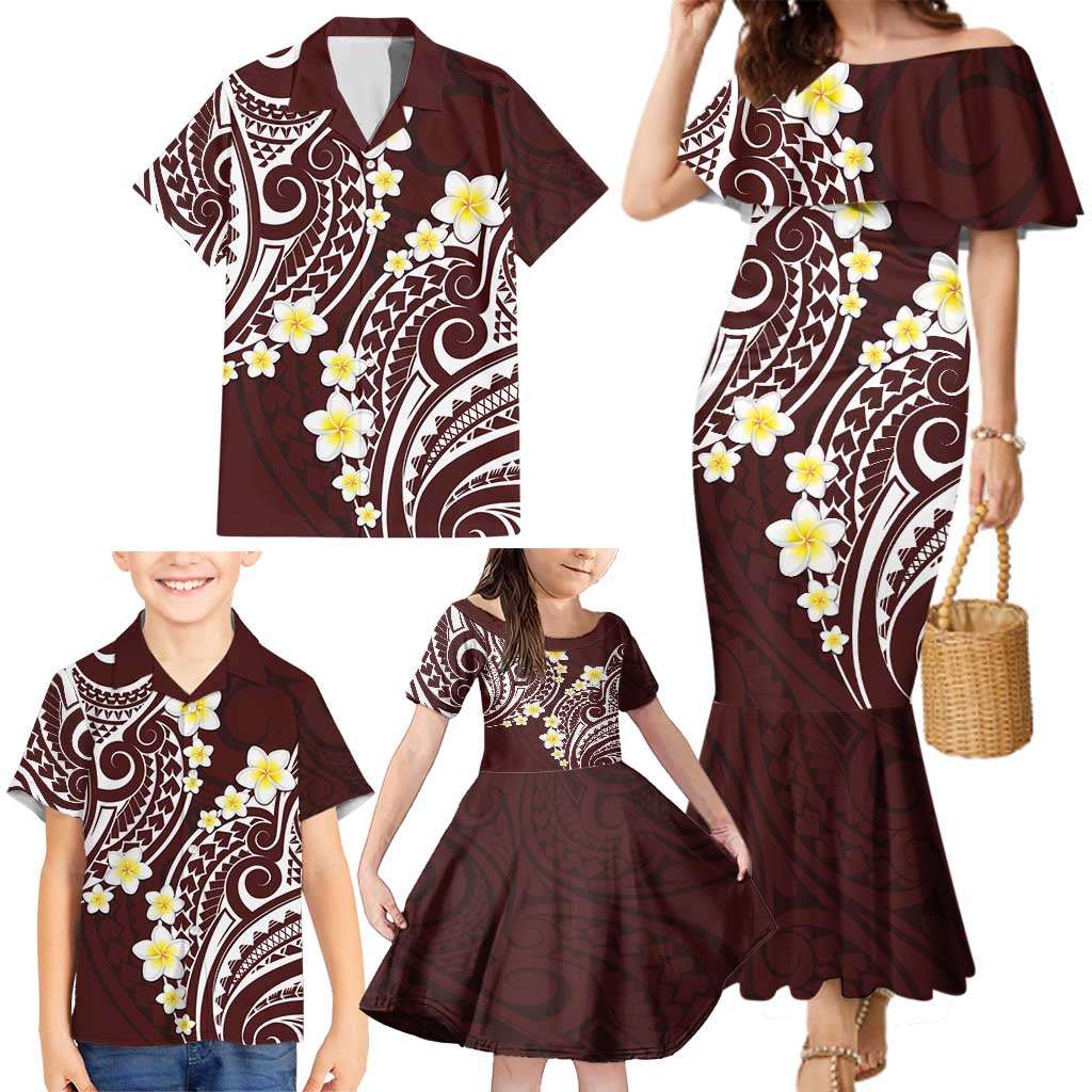 Plumeria With Oxblood Polynesian Tattoo Pattern Family Matching Mermaid Dress and Hawaiian Shirt