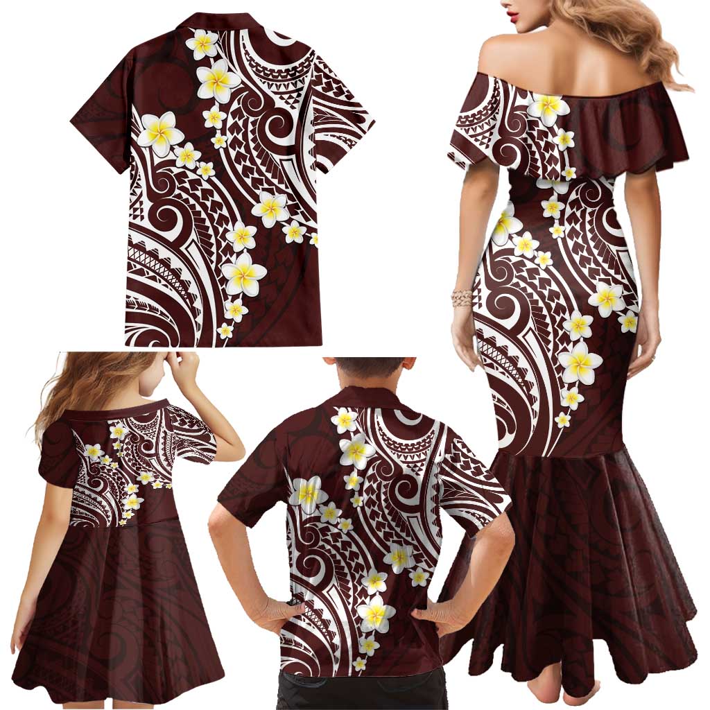 Plumeria With Oxblood Polynesian Tattoo Pattern Family Matching Mermaid Dress and Hawaiian Shirt