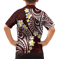 Plumeria With Oxblood Polynesian Tattoo Pattern Family Matching Short Sleeve Bodycon Dress and Hawaiian Shirt
