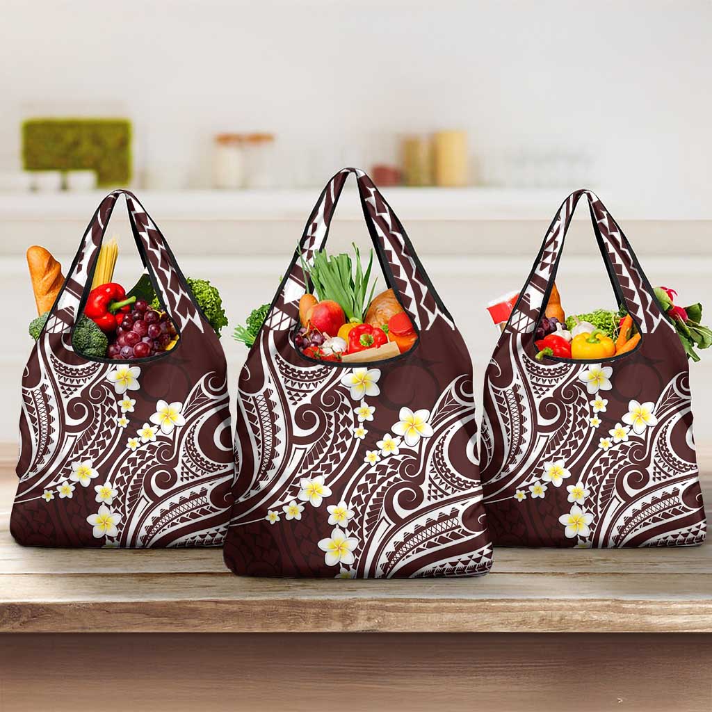 Plumeria With Oxblood Polynesian Tattoo Pattern Grocery Bag