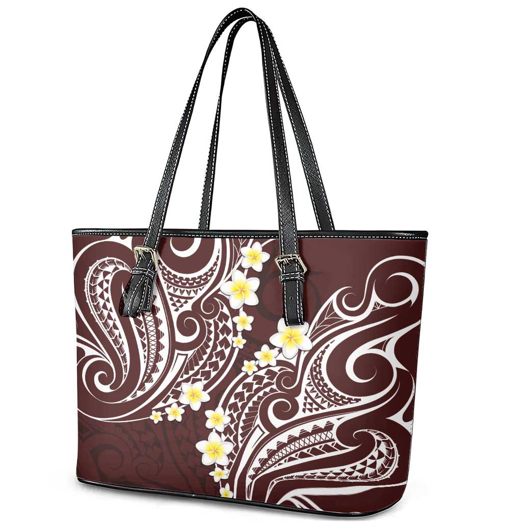 Plumeria With Oxblood Polynesian Tattoo Pattern Leather Tote Bag