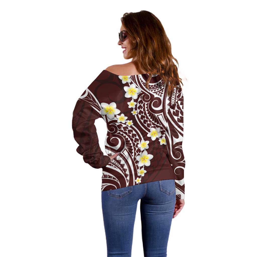 Plumeria With Oxblood Polynesian Tattoo Pattern Off Shoulder Sweater