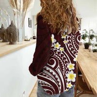 Plumeria With Oxblood Polynesian Tattoo Pattern Women Casual Shirt