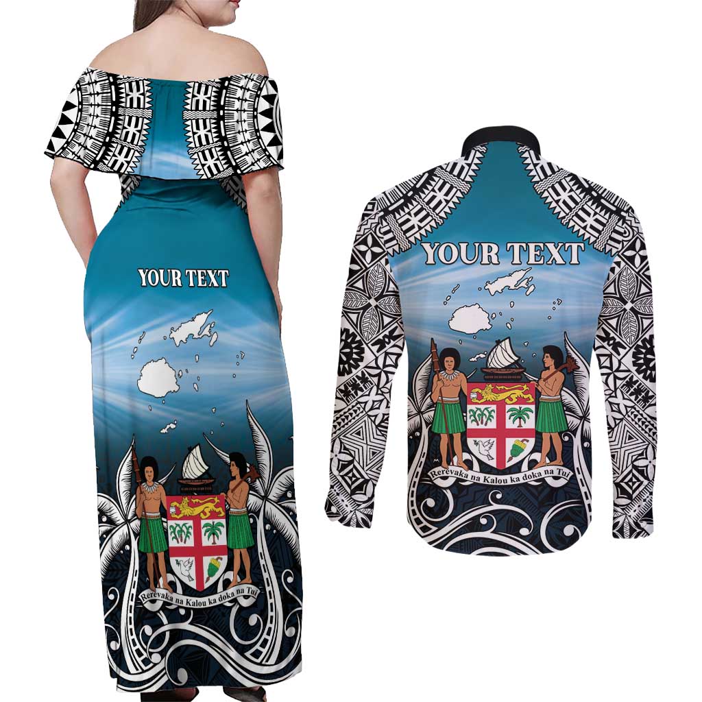 Personalised Happy 50th Fiji Day Couples Matching Off Shoulder Maxi Dress and Long Sleeve Button Shirt Forever Fiji With Tapa Tribal Pattern