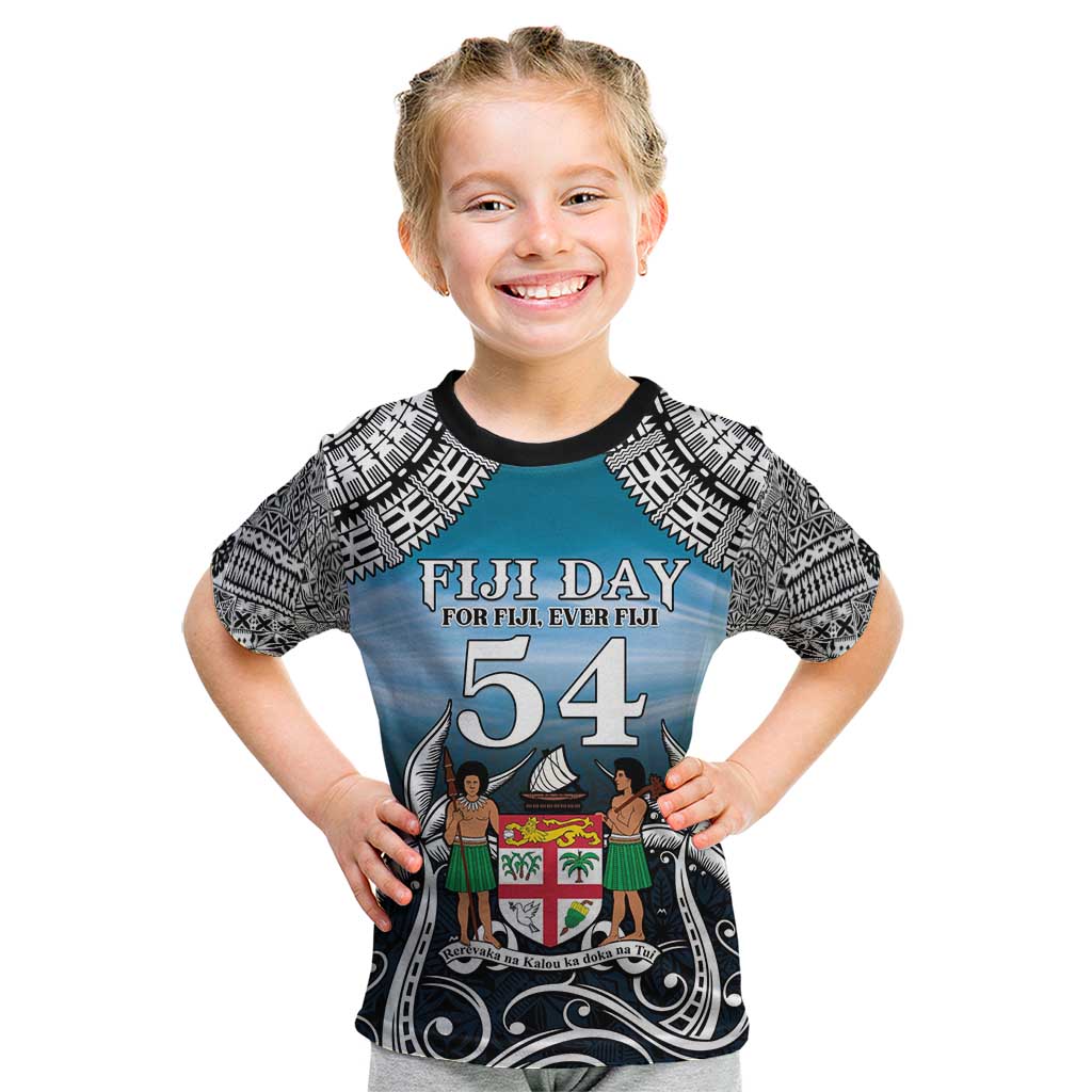 Personalised Happy 54th Fiji Day Kid T Shirt Forever Fiji With Tapa Tribal Pattern LT05 Blue - Polynesian Pride