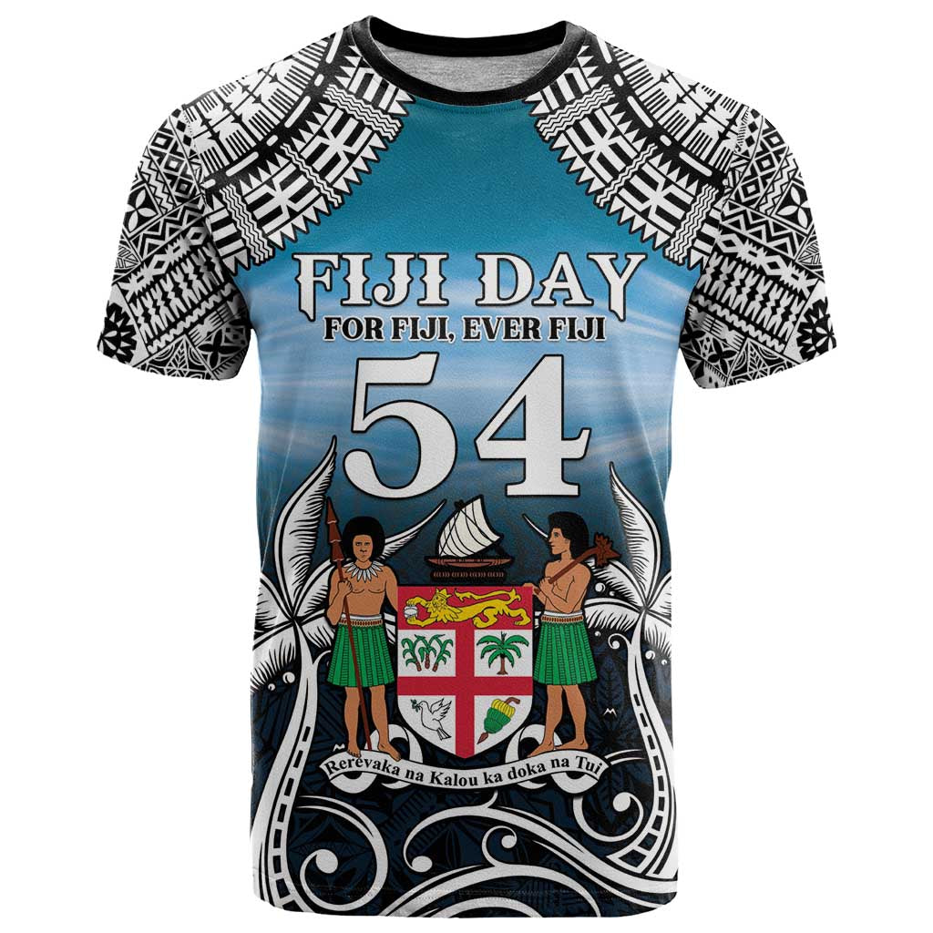 Personalised Happy 54th Fiji Day T Shirt Forever Fiji With Tapa Tribal Pattern LT05 Blue - Polynesian Pride