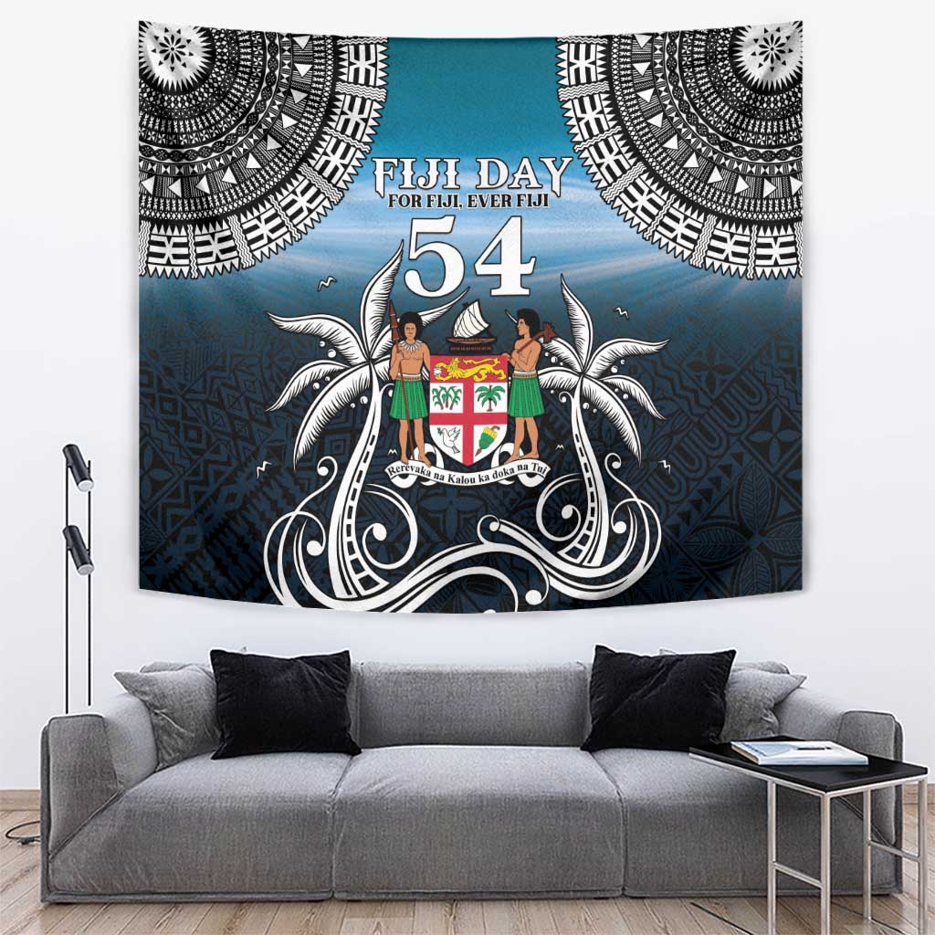 Happy 54th Fiji Day Tapestry Forever Fiji With Tapa Tribal Pattern LT05 Blue - Polynesian Pride