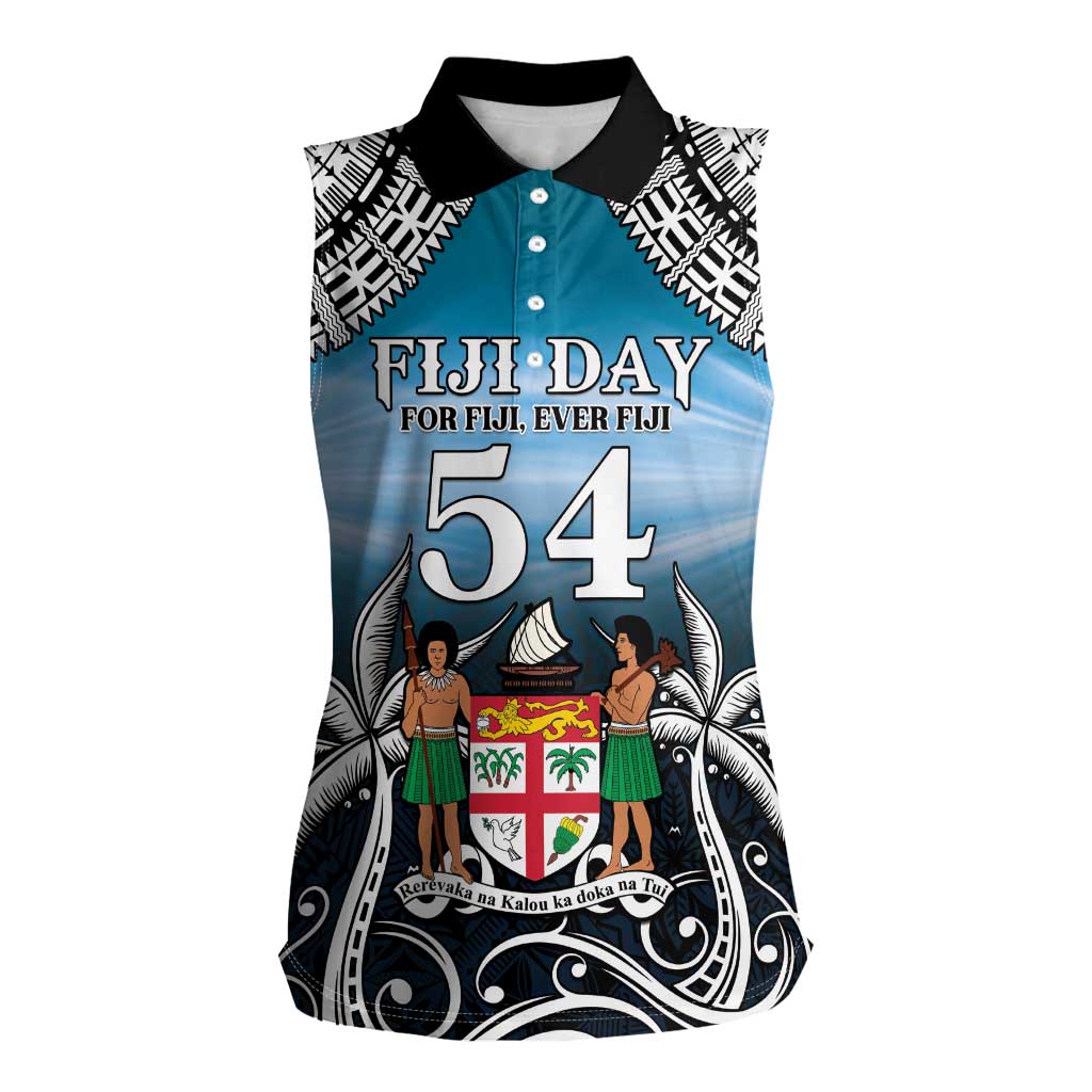 Personalised Happy 54th Fiji Day Women Sleeveless Polo Shirt Forever Fiji With Tapa Tribal Pattern LT05 Female Blue - Polynesian Pride