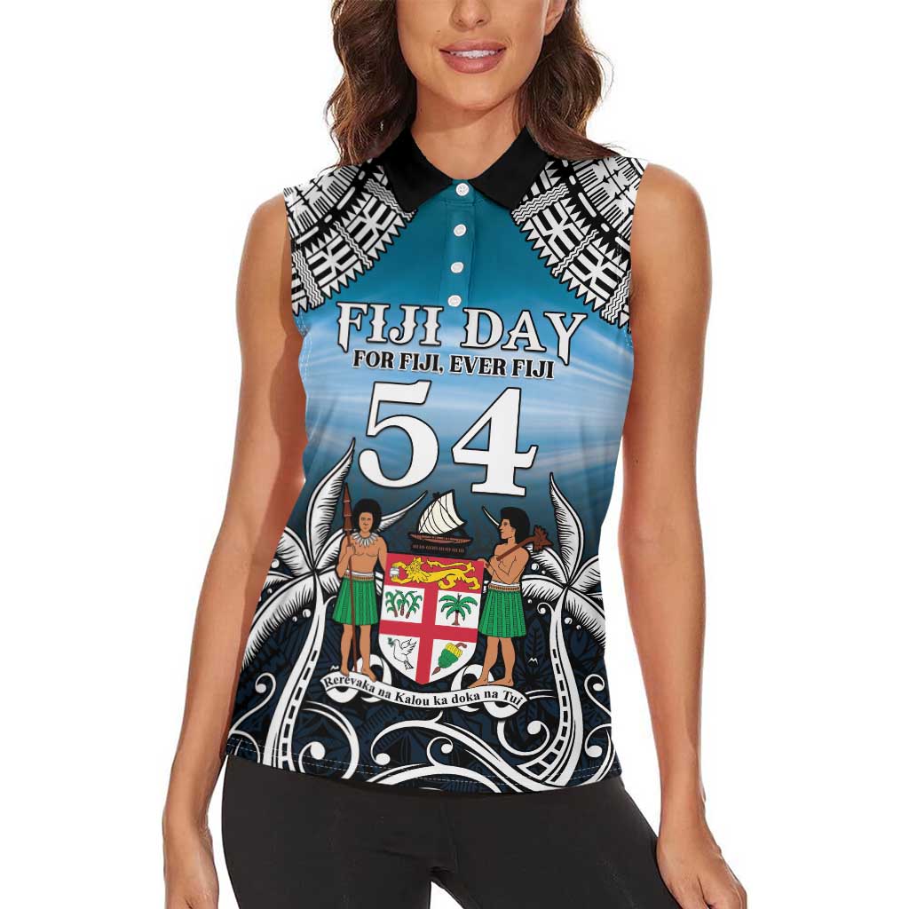 Personalised Happy 54th Fiji Day Women Sleeveless Polo Shirt Forever Fiji With Tapa Tribal Pattern LT05 - Polynesian Pride