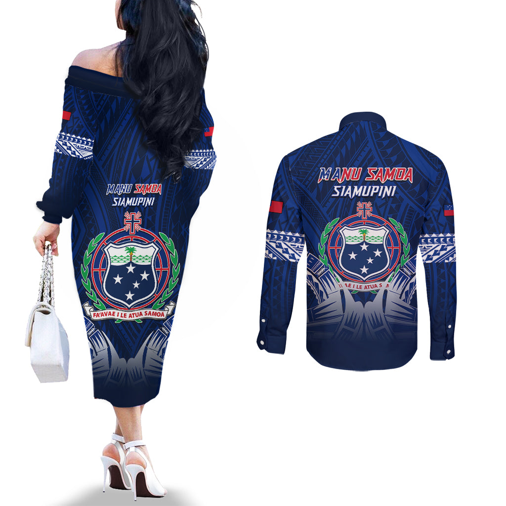 Samoa Rugby Couples Matching Off The Shoulder Long Sleeve Dress and Long Sleeve Button Shirts World Cup 2023 Coat Of Arms With Polynesian Pattern LT05 - Polynesian Pride
