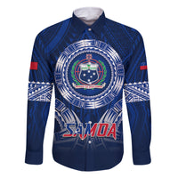 Samoa Rugby Family Matching Summer Maxi Dress and Hawaiian Shirt World Cup 2023 Coat Of Arms With Polynesian Pattern LT05 Dad's Shirt - Long Sleeve Blue - Polynesian Pride
