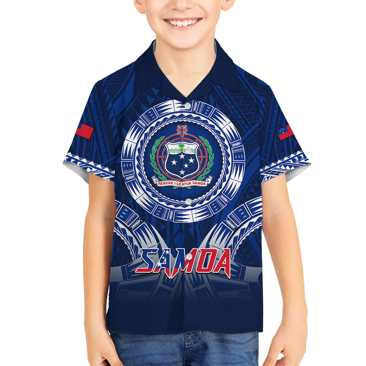 Samoa Rugby Family Matching Tank Maxi Dress and Hawaiian Shirt World Cup 2023 Coat Of Arms With Polynesian Pattern LT05 Son's Shirt Blue - Polynesian Pride
