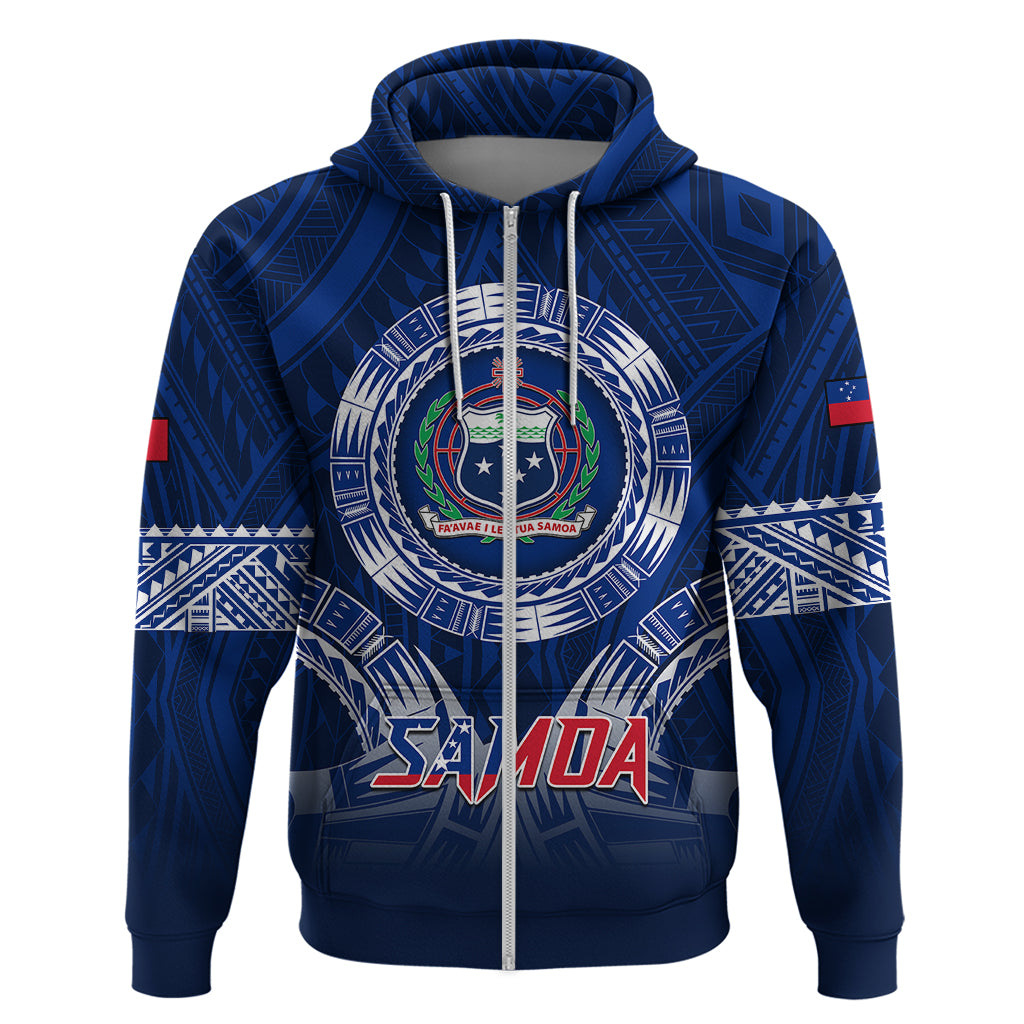 Custom Samoa Rugby Hoodie World Cup 2023 Coat Of Arms With Polynesian Pattern LT05 Zip Hoodie Blue - Polynesian Pride