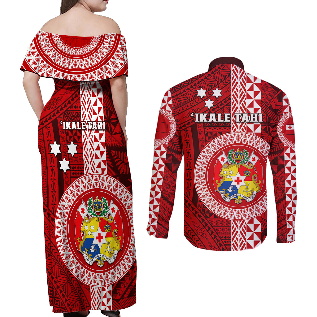 Tonga Rugby Couples Matching Off Shoulder Maxi Dress and Long Sleeve Button Shirts World Cup 2023 Coat Of Arms Ngatu Pattern LT05 - Polynesian Pride